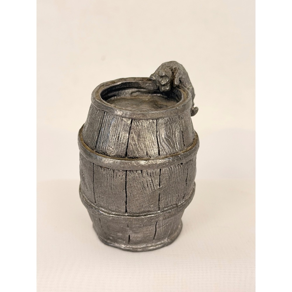 Vintage Pewter Cat on Barrel Figurine Silver Tone Metal Paperweight